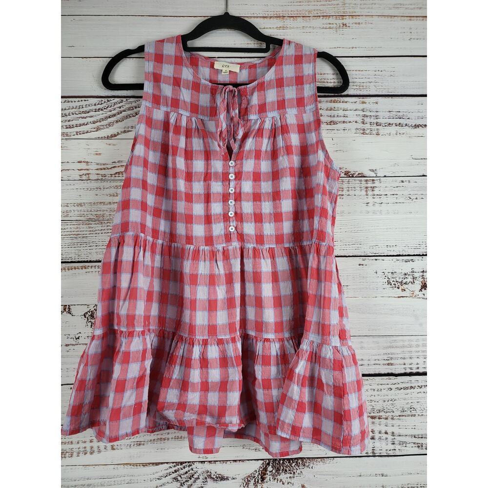 OTT Tunic Tank‎ S Womens Key Hole Front Blue Red Sleeveless Tiered 100% Cotton